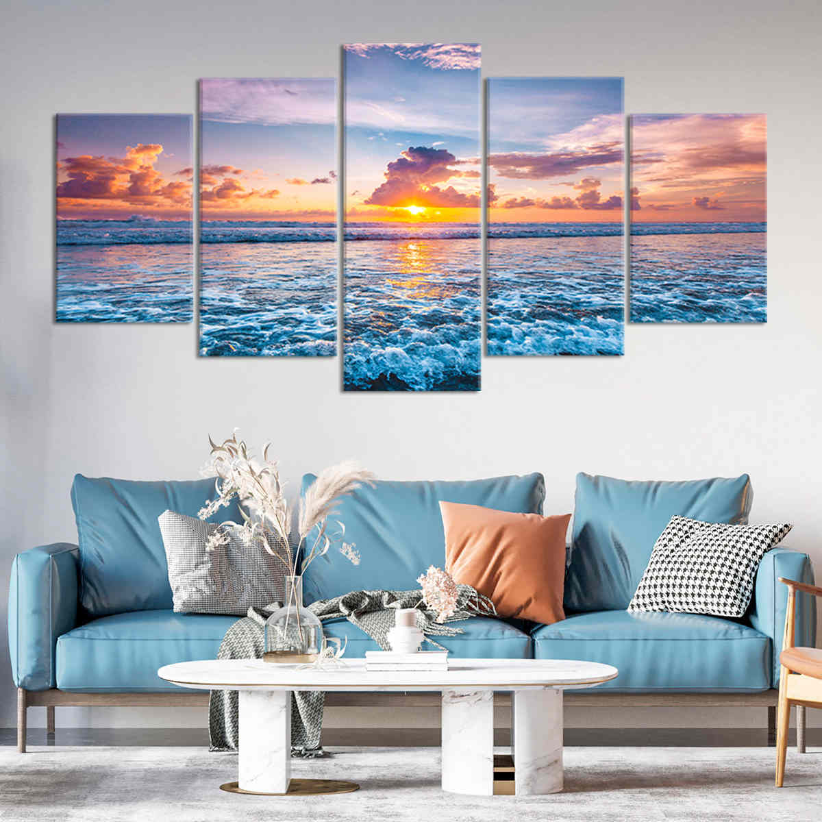 Peaceful seascape canvas print depicting a breathtaking ocean sunset scene, perfect for relaxation.