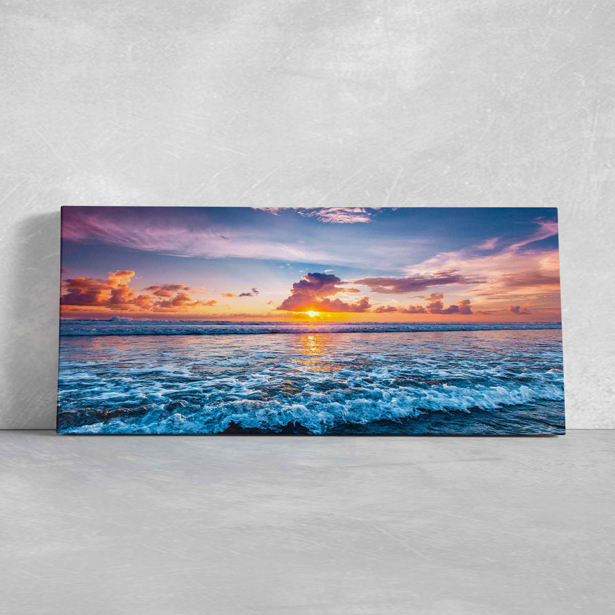 Stunning ocean waves canvas with golden sunlight reflecting on the water, perfect for any space