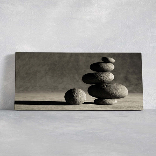 Balanced zen stones canvas wall art for living room, peaceful minimalist decor creating calm meditation vibes at home
