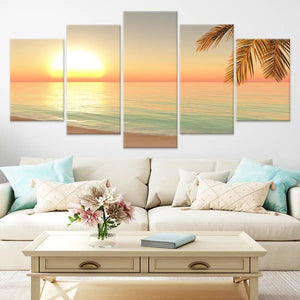 Beach print art showcasing soft waves and a glowing horizon on canvas.