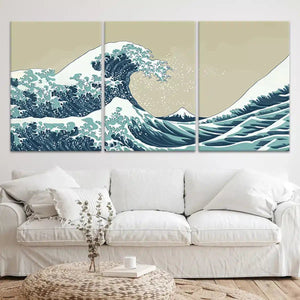 Coastal framed wall art depicting a traditional ocean wave with intricate detailing.