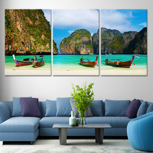 Scenic coastal artwork showcasing limestone cliffs and tropical blue waters.