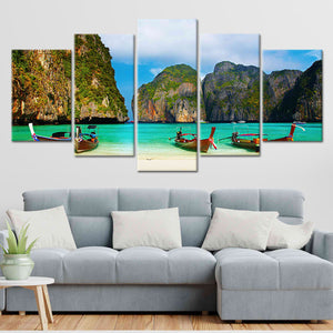 Ocean photography print of Maya Bay’s crystal-clear waters and limestone rocks.
