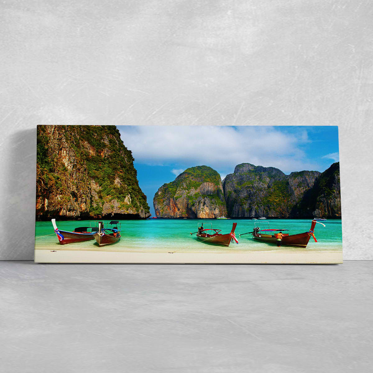 Tropical canvas wall art with traditional wooden boats and exotic coastline.