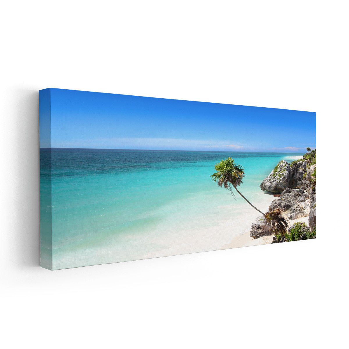 Tropical canvas wall art featuring a leaning palm tree on a peaceful shoreline.