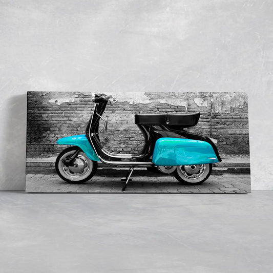 Vintage teal scooter canvas wall art for living room decor, modern minimalist design with bold color contrast, uplifting travel mood