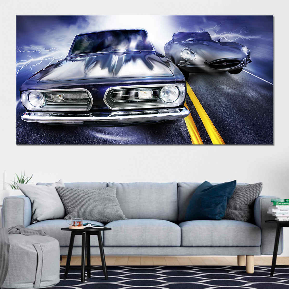 Two Vintage Cars Racing Canvas Wall Art