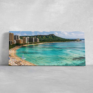 Scenic aerial beach print with crystal-clear water and a panoramic view of Hawaii’s coastline.