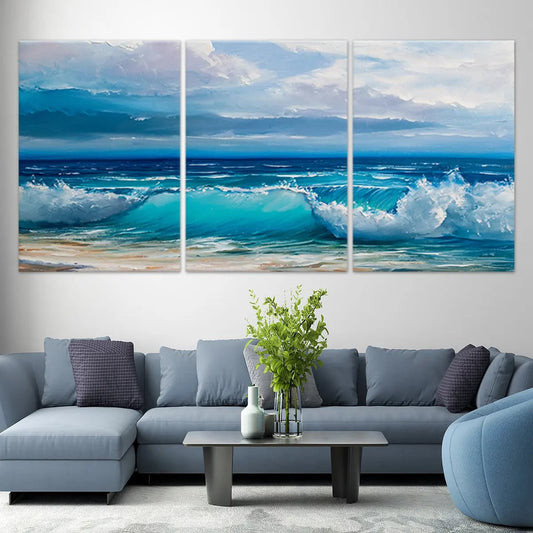 Coastal canvas prints of ocean waves rolling onto a sandy shoreline
