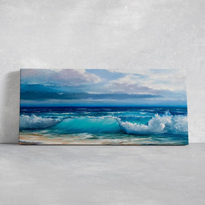 Beach themed canvas wall art showcasing foamy ocean waves and deep blue waters.