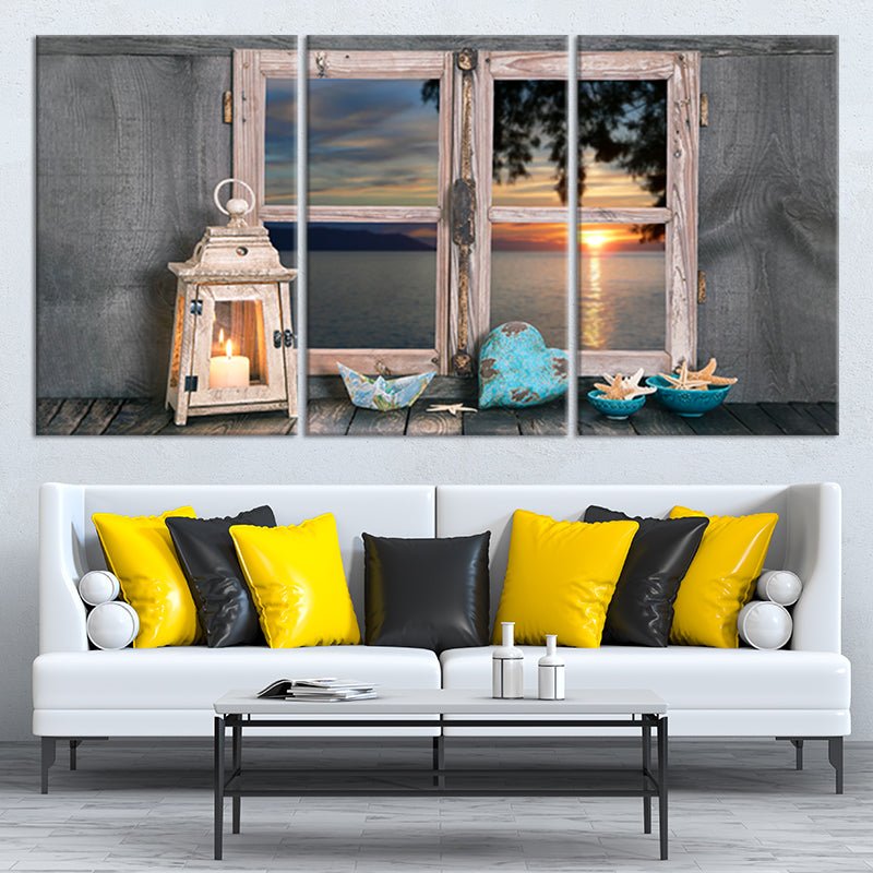 Shabby chic beach decor with soft candlelight and distressed wooden textures.