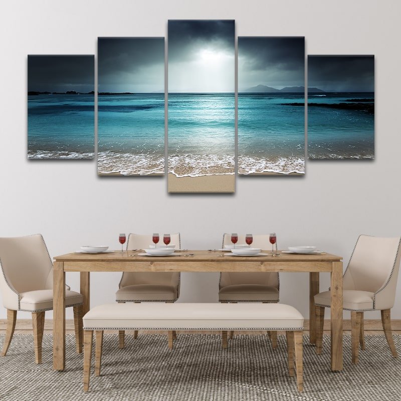 Coastal farmhouse wall art showcasing a misty beach and rolling waves.