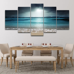 Coastal farmhouse wall art showcasing a misty beach and rolling waves.