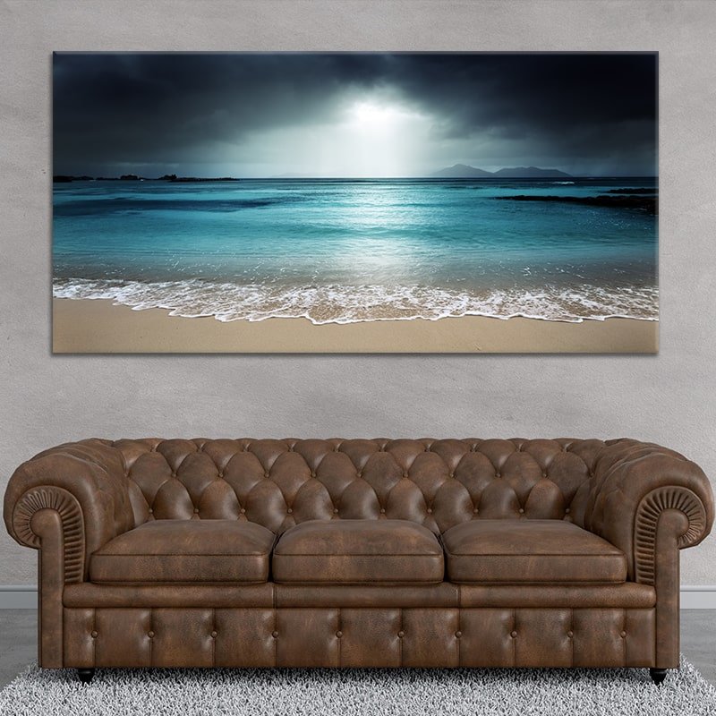 Nautical wall art depicting a tranquil ocean view at twilight.