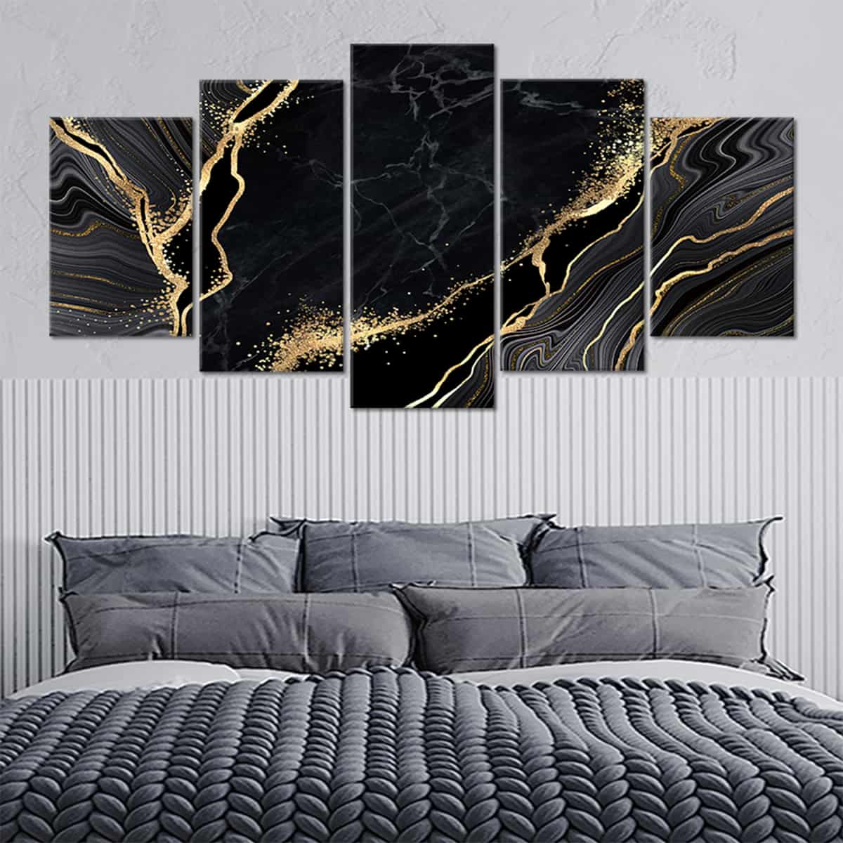 Black and Gold Wall Art For Living Room, black canvas art, marble abstract wall art, modern bedroom wall art​