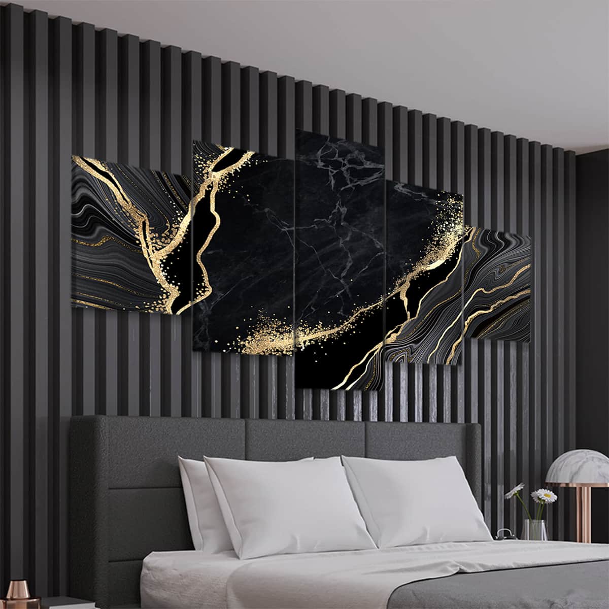 Black and Gold Wall Art For Living Room, black canvas art, marble abstract wall art, modern bedroom wall art​