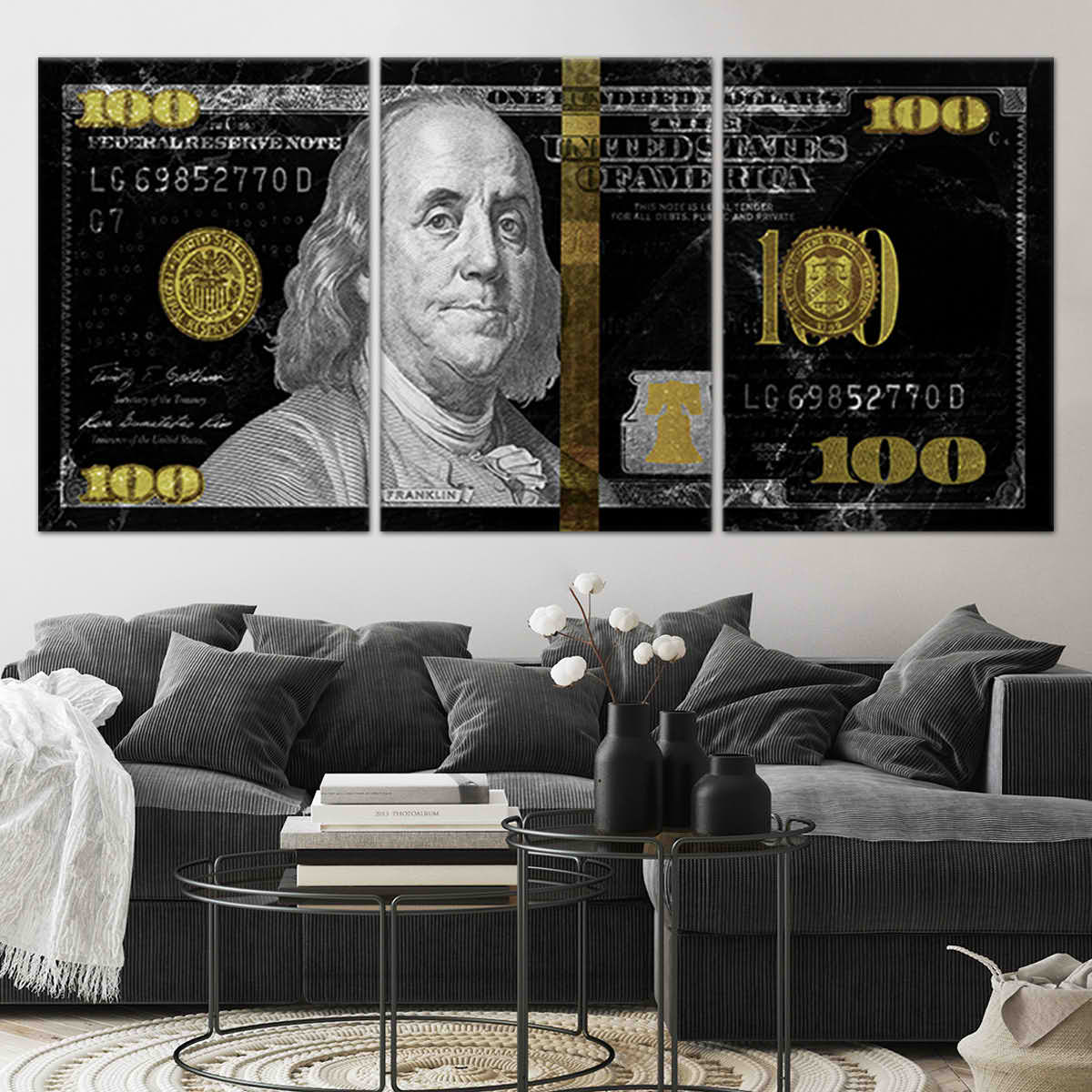 Black & Silver 100 Dollar Bill Wall Art