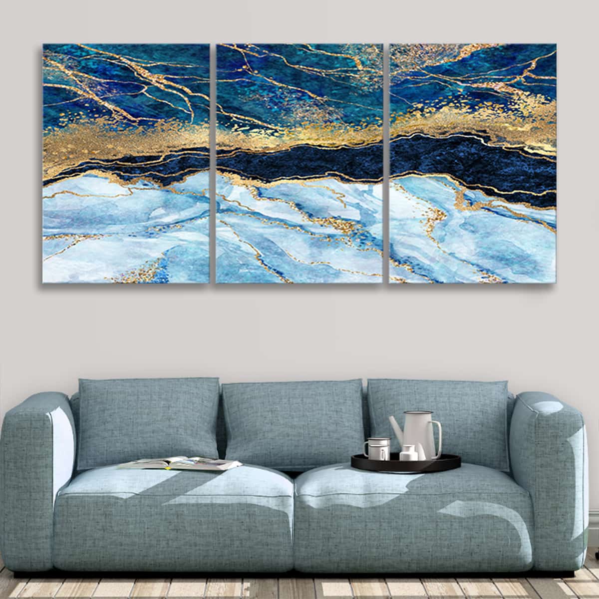Blue And Gold Abstract Wall Art: luxury wall art for bedroom, modern abstract art on canvas, large contemporary canvas art, large wall art for living room