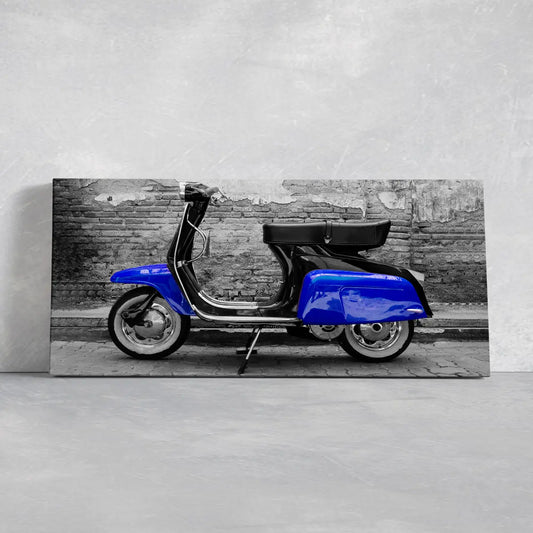 Blue Vespa scooter canvas wall art for living room decor, vintage street setting with rustic textures and a calm, travel-inspired mood