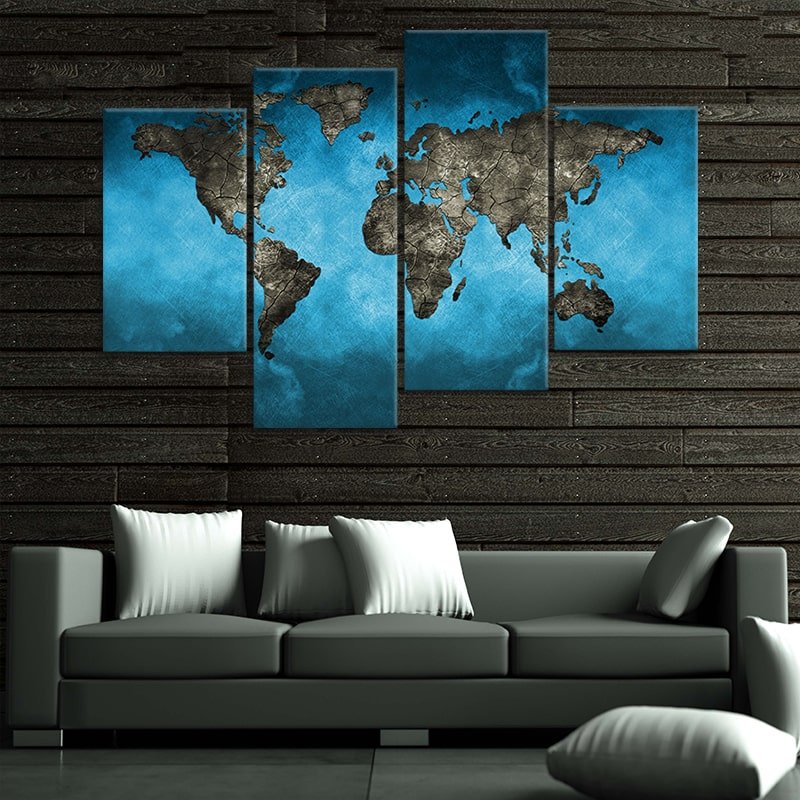 Blue World Map Multi Panel Canvas Wall Art