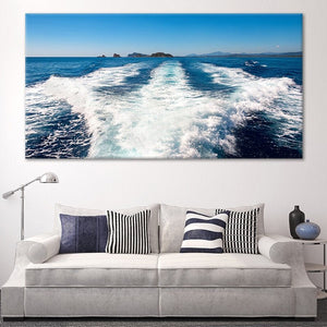 Boat Wake Ocean Print, Coastal Canvas Artwork, Nautical Wall Art, Large Seascape Painting, Ocean Waves Photography, Marine-Themed Decor, Horizon Ocean Scene