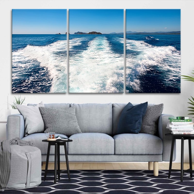 Nautical Boat Wake Print, Ocean Horizon Canvas, Coastal Marine Wall Art, Deep Blue Water Painting, Large Seascape Artwork, Beach-Themed Home Decor
