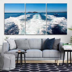 Nautical Boat Wake Print, Ocean Horizon Canvas, Coastal Marine Wall Art, Deep Blue Water Painting, Large Seascape Artwork, Beach-Themed Home Decor