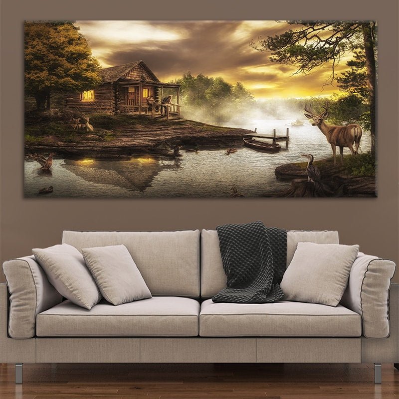 Cabin By The Lake Multi Panel Canvas Wall Art