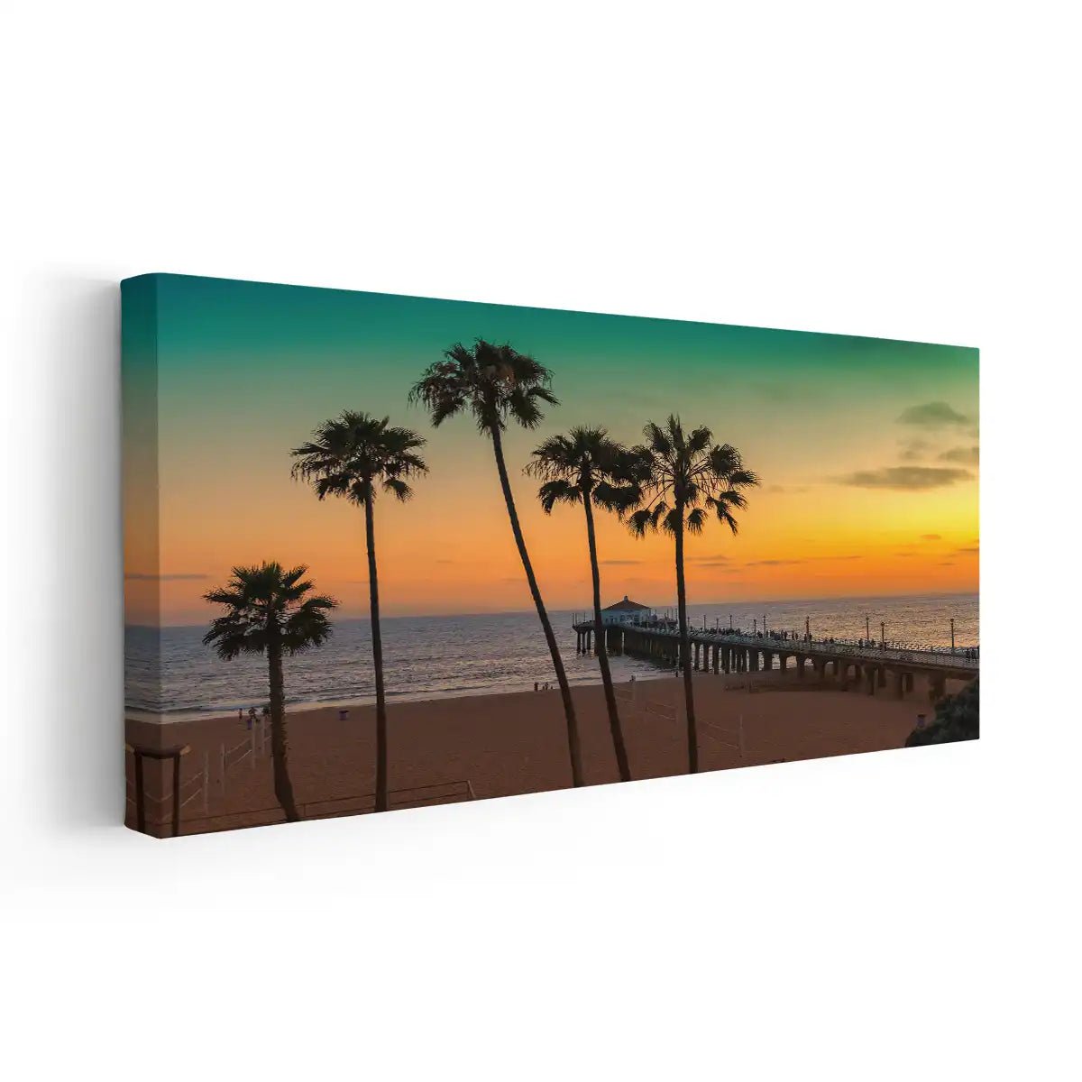 Large horizontal wall art showcasing a peaceful ocean view with a glowing sunset.