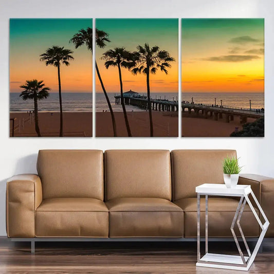 Coastal framed wall art capturing the beauty of a California beach at sunset.