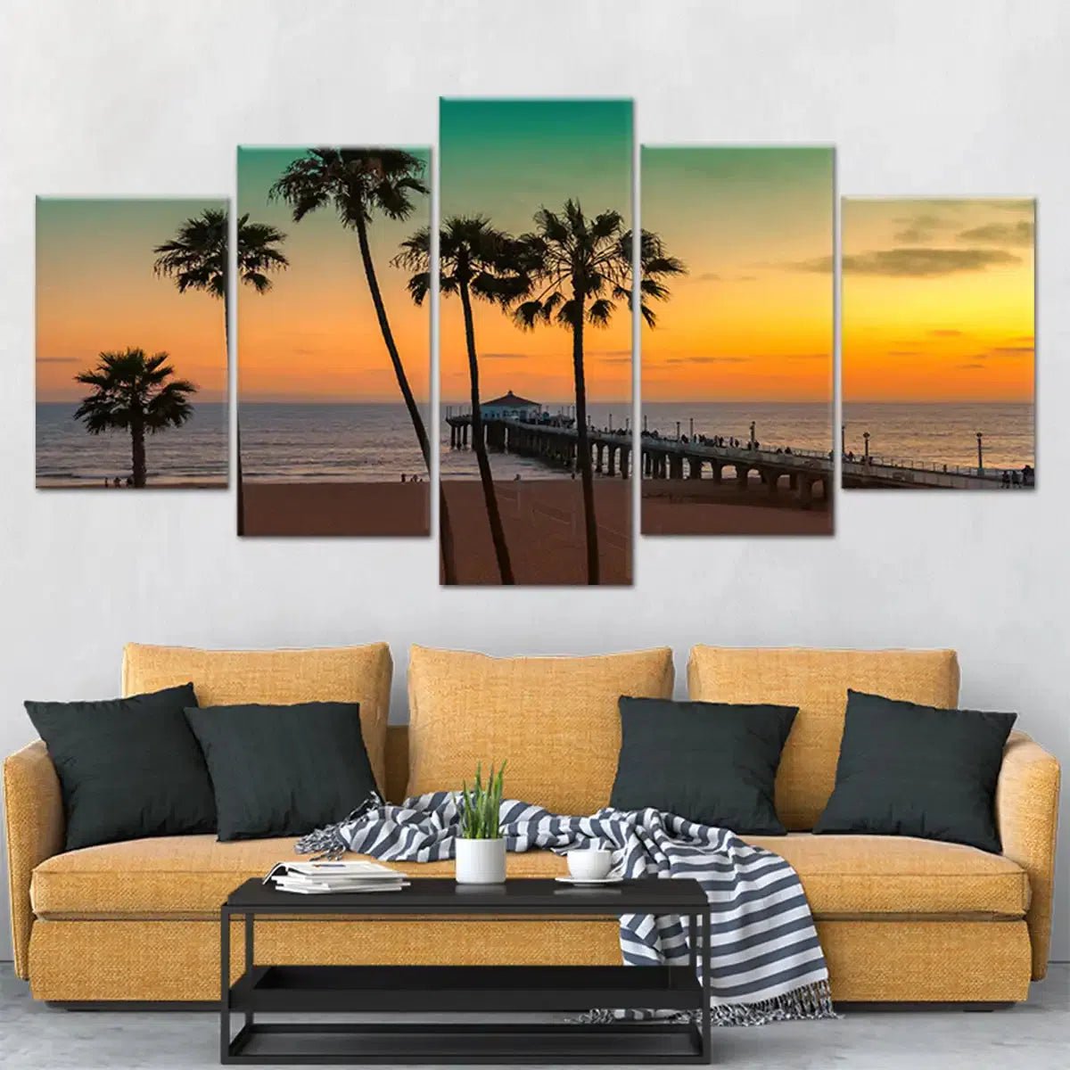 Nautical wall decor featuring a pier stretching into the sea under a tropical sunset.