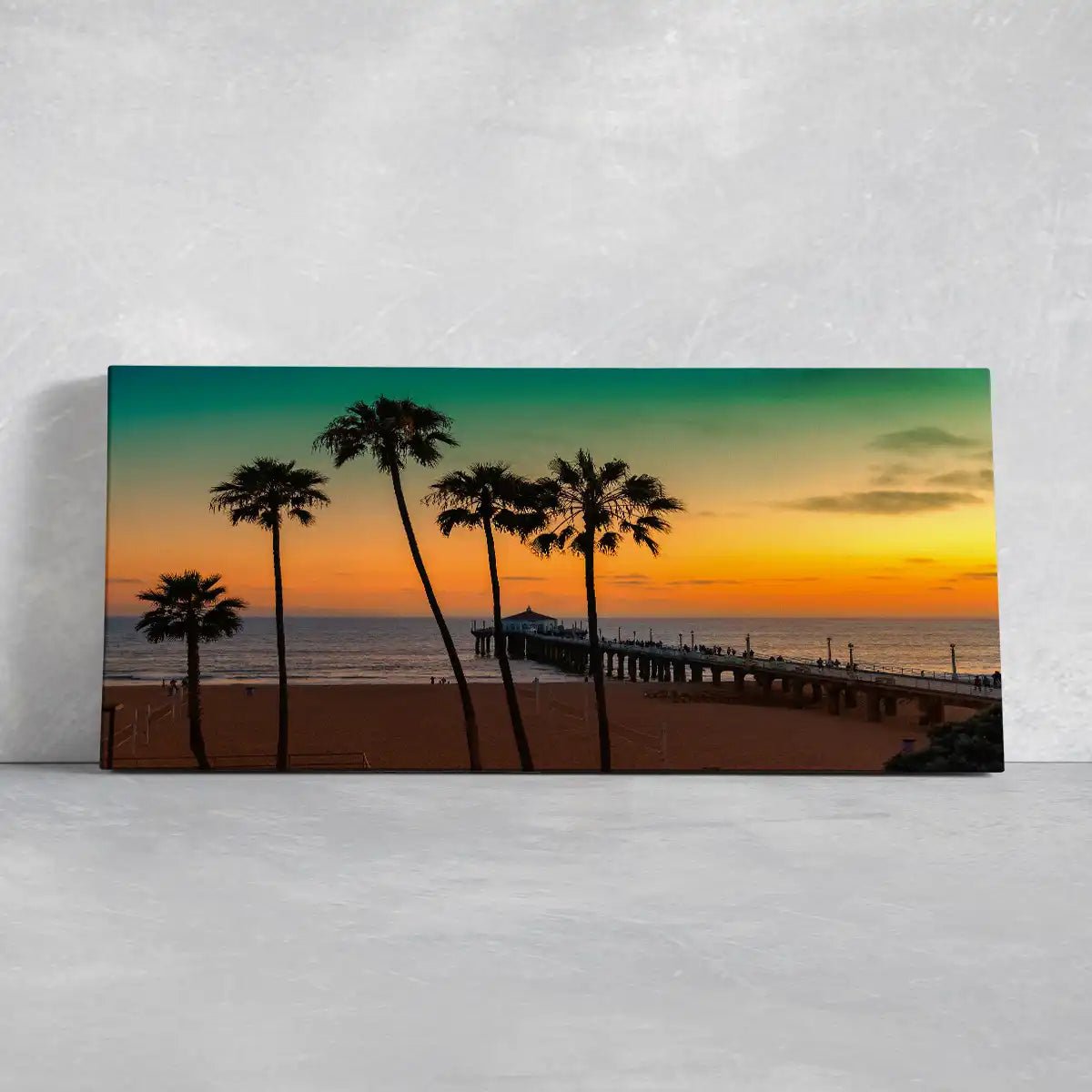 Beach scene canvas highlighting warm hues reflecting over the ocean waves.