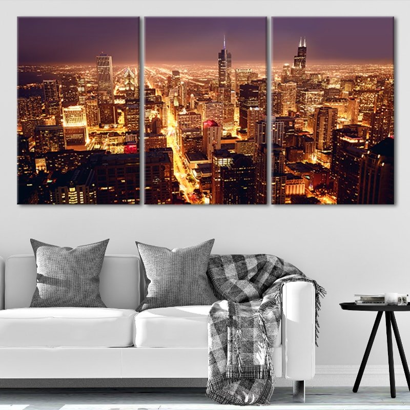 Chicago Skyline At Night Canvas Wall Art