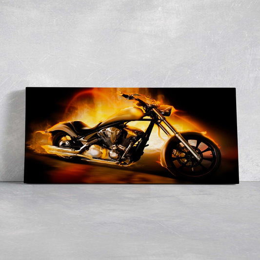 Flaming chopper motorcycle canvas wall art for living room decor, modern biker style with fiery orange glow and bold, inspiring energy