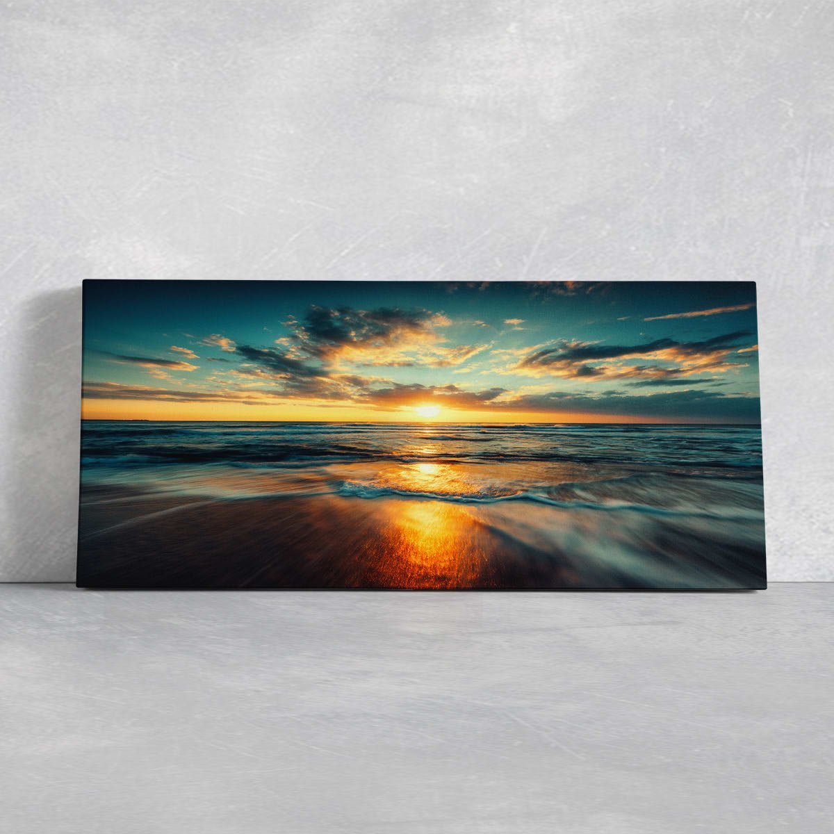 Tropical canvas wall art with golden reflections on the water.