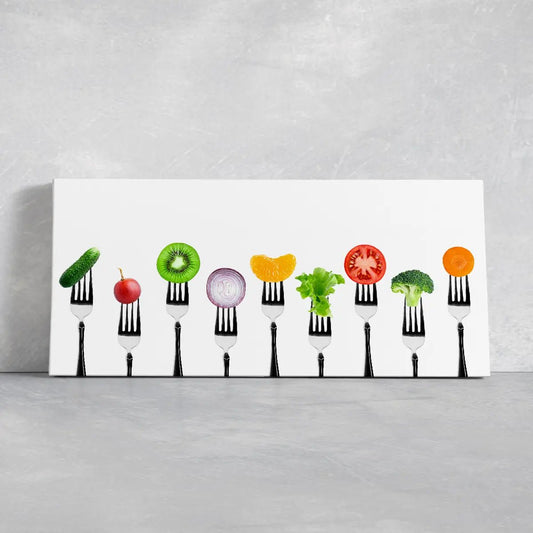 Colorful vegetable forks canvas wall art for dining room, playful food arrangement creating an uplifting modern kitchen mood
