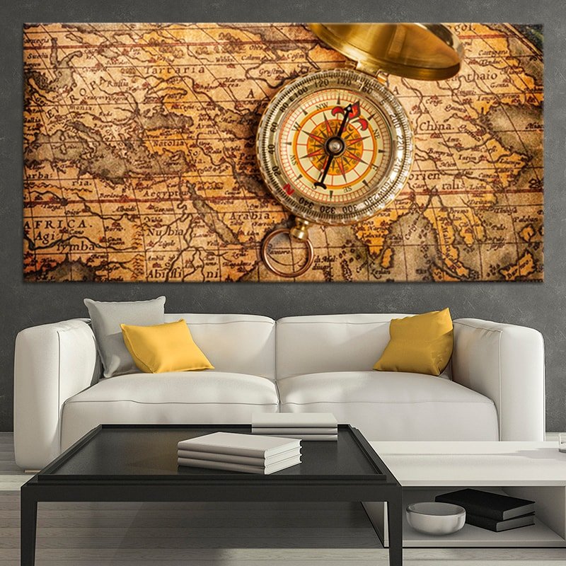 World Map With Compass Multi Panel Canvas Wall Art