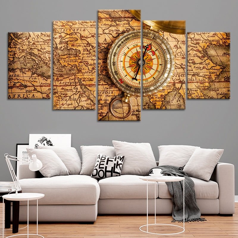 World Map With Compass Multi Panel Canvas Wall Art