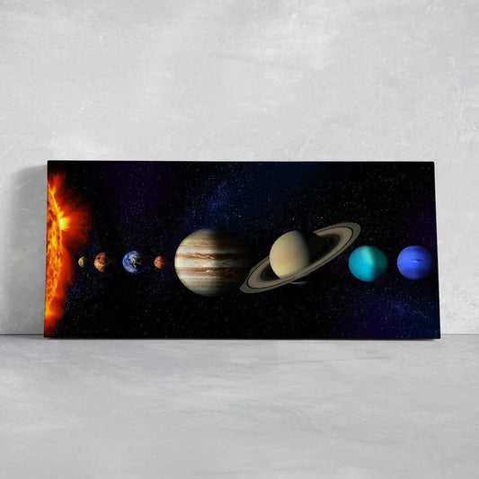 Sun and planets alignment canvas wall art for living room decor, vibrant cosmic colors create an inspiring and educational atmosphere