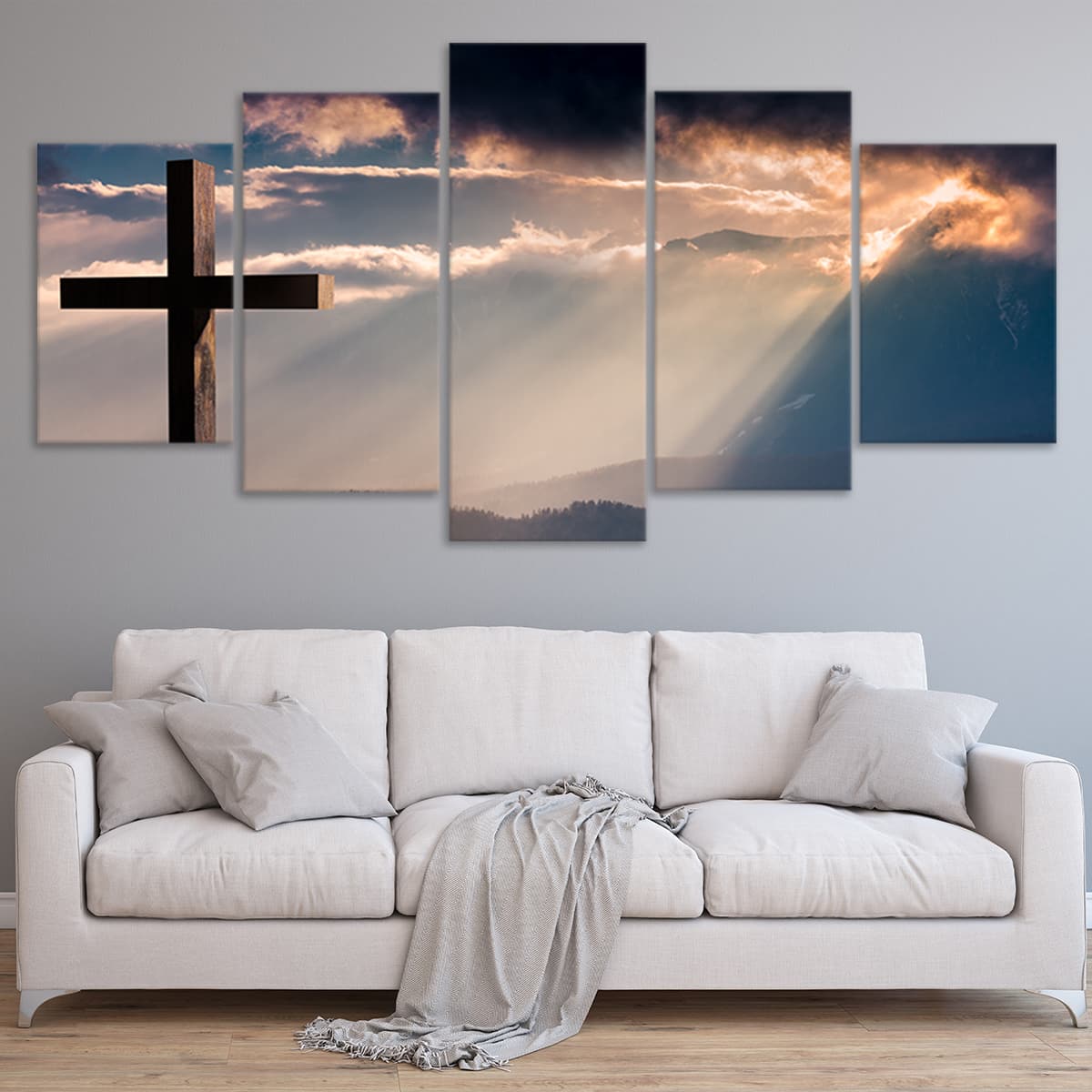 Christian cross artwork on canvas, framed religious wall art, spiritual home decoration.