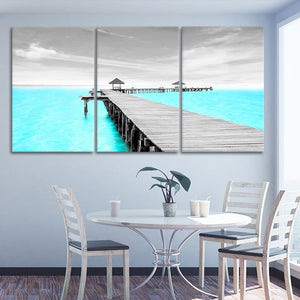 Large ocean print of a rustic pier, a must-have for beach and coastal wall decor.