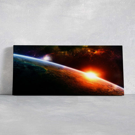 Earth sunrise over space canvas wall art for living room decor, glowing horizon and deep blues create an inspiring cosmic mood
