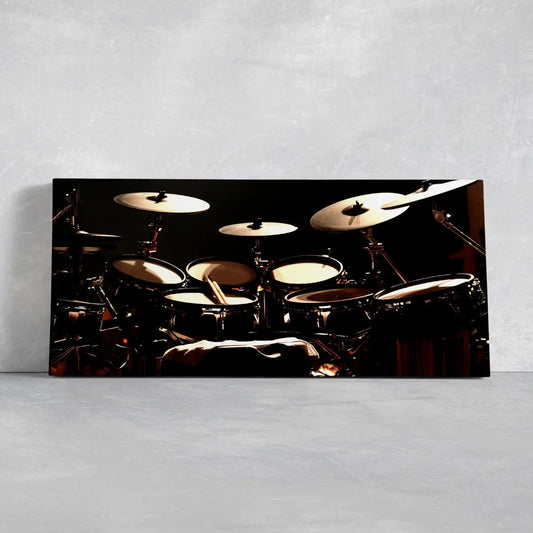 Stage drum kit performance canvas wall art for living room wall art, dramatic lighting and cymbals create an inspiring concert mood
