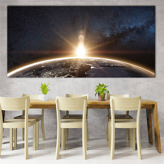 Earth sunrise over curved horizon canvas wall art for living room decor, radiant golden light creates an inspiring and peaceful mood