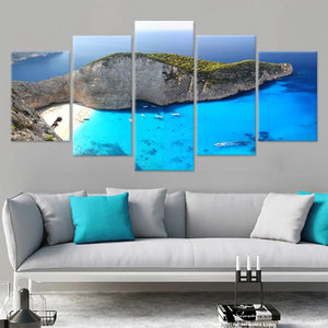  Extra large ocean wall art showcasing the famous Shipwreck Beach in Greece with turquoise waters and scenic cliffs.

