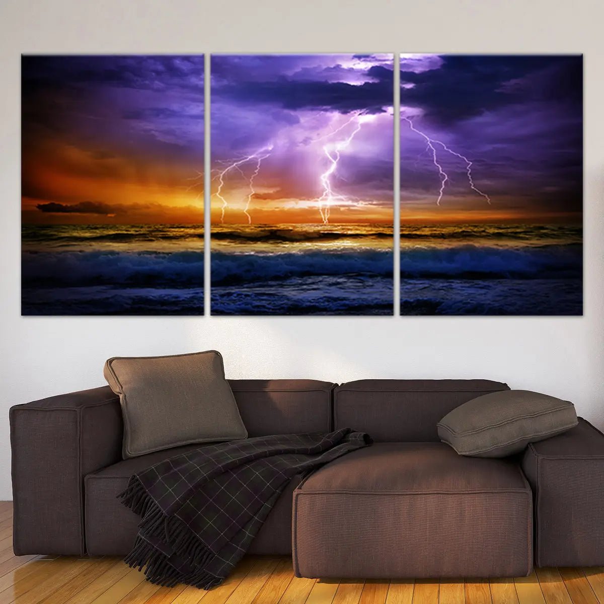 Extra large ocean wall art depicting a breathtaking lightning storm at sunset, adding a bold statement to any room.