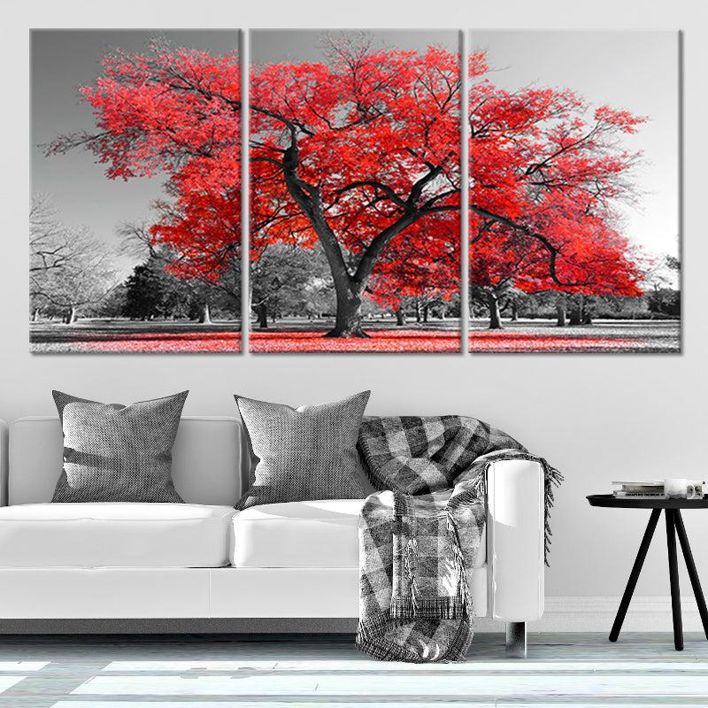 Framed red maple tree artwork for contemporary bedroom, 3 piece wall art