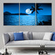 Tropical canvas wall art depicting a silhouetted palm tree against moonlit waters.