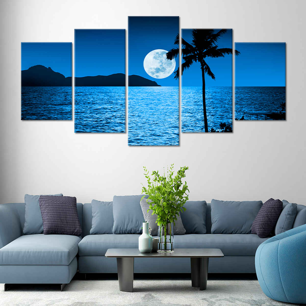 Coastal bedroom wall decor showcasing a calming night beach view under a full moon.