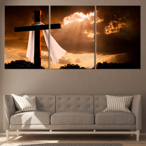 Christian cross canvas wall hanging, religious artwork print, faith-based home decor.
